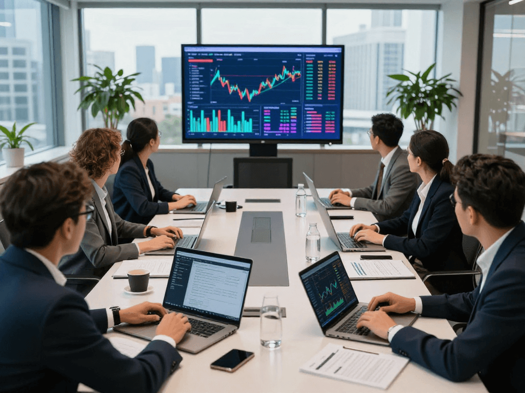 Professionals analyzing XPAY33 australia cryptocurrency trends in a modern conference room.