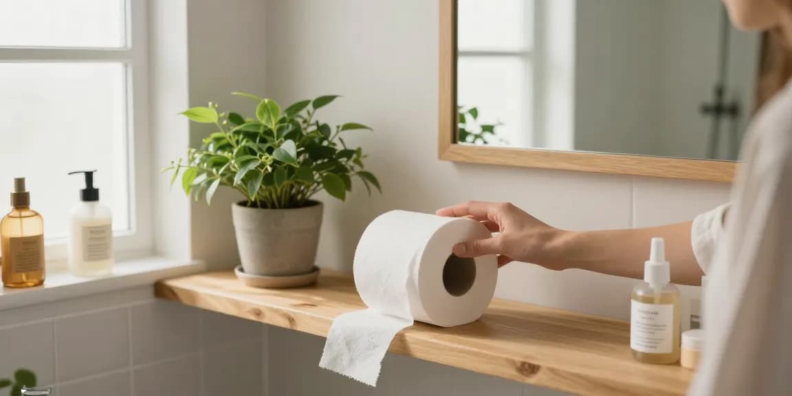 Bamboo Toilet Tissue in a bright eco-friendly bathroom with sustainable products and natural light.