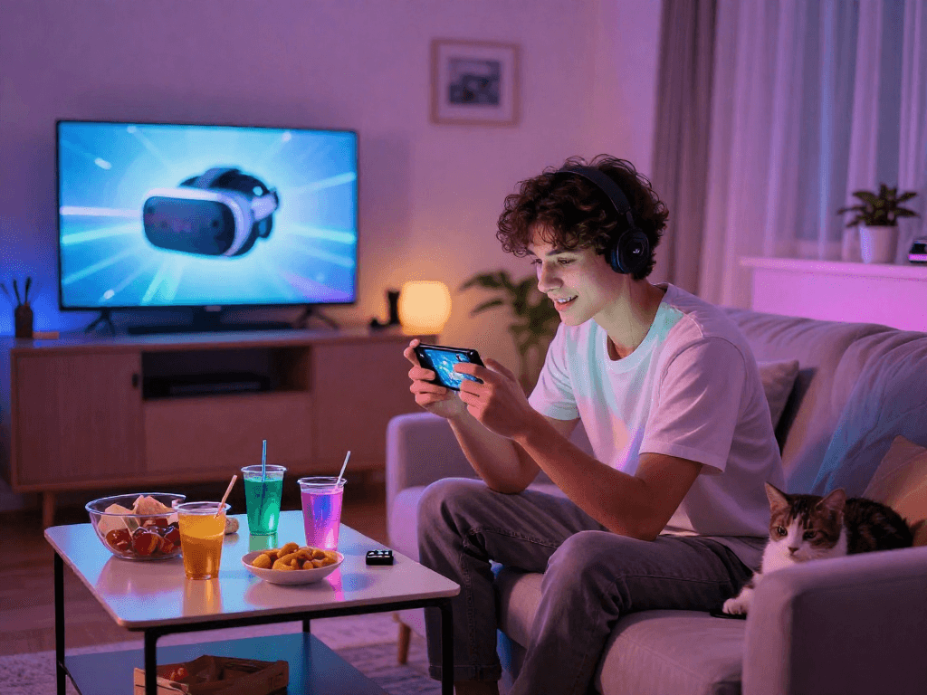 Engaging moment of a gamer enjoying mobile porn games, playful atmosphere with snacks and cozy surroundings.