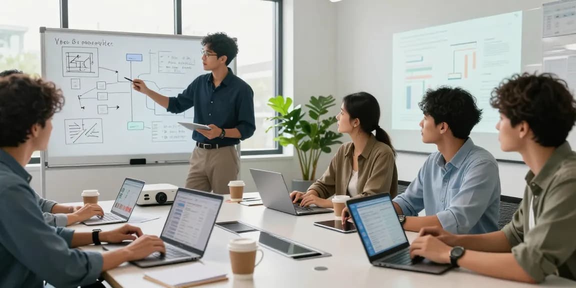 Team collaborating on AI productivity tools in a modern workspace, showcasing innovation and tech integration.