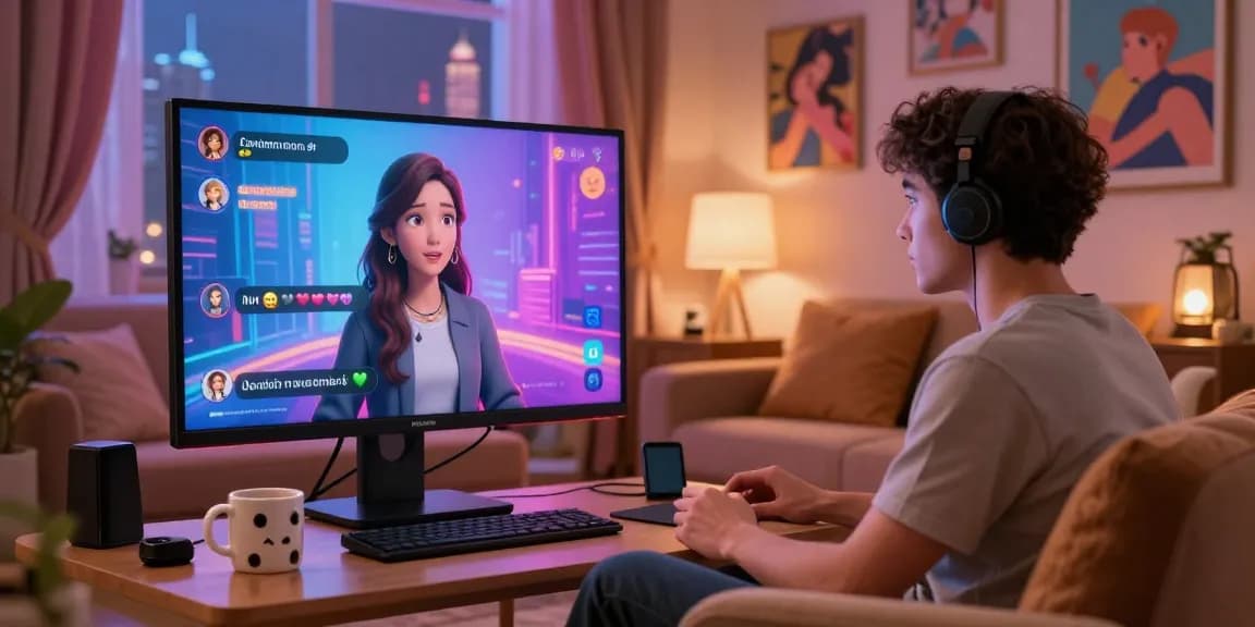 Interactive NSFW AI chat scene showing user engagement with a customizable AI character in a cozy digital lounge.