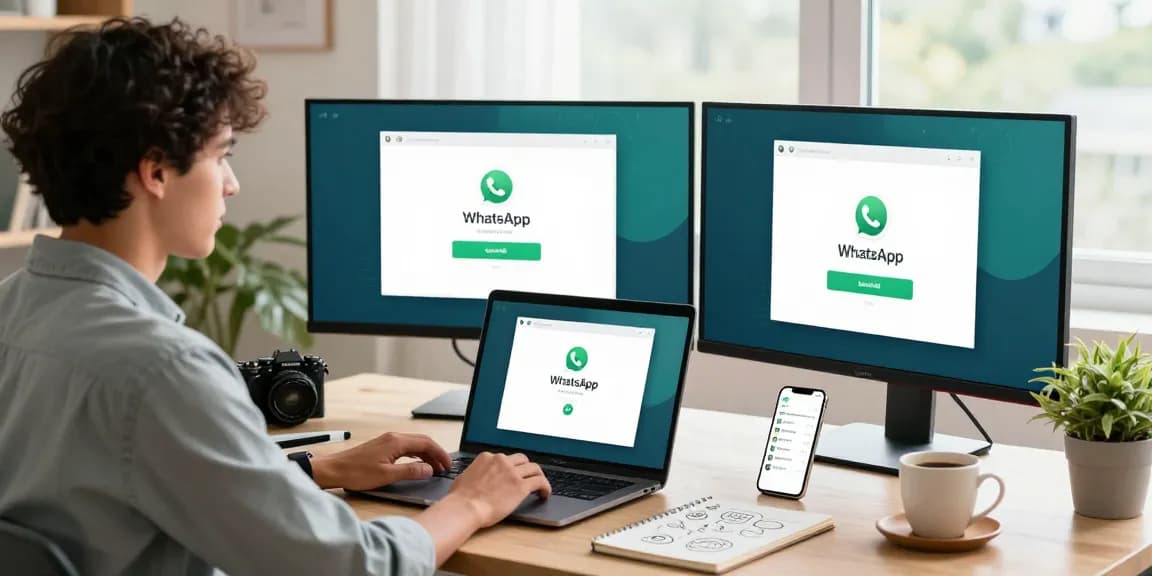 WhatsApp下載 showcased in a modern home office with tech gadgets and bright lighting, highlighting installation process.