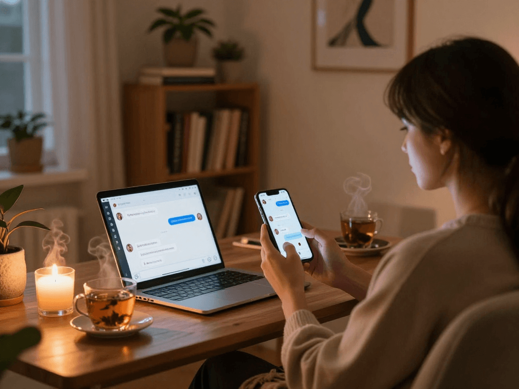 Engaging in an ai sex chat in a cozy home office setting with warm ambiance.