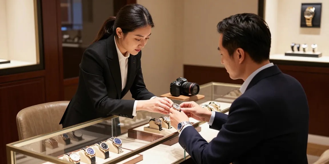 Showcase of super clone watches in a luxury boutique with elegant ambiance