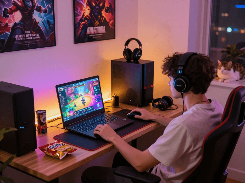 Engaging adult game session in a cozy gaming setup with colorful screens and accessories.