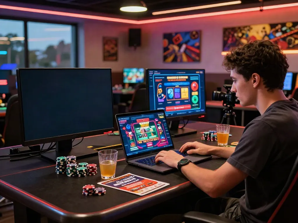 Engaged player enjoying credit card casinos experience at home, showcasing modern gaming setup.