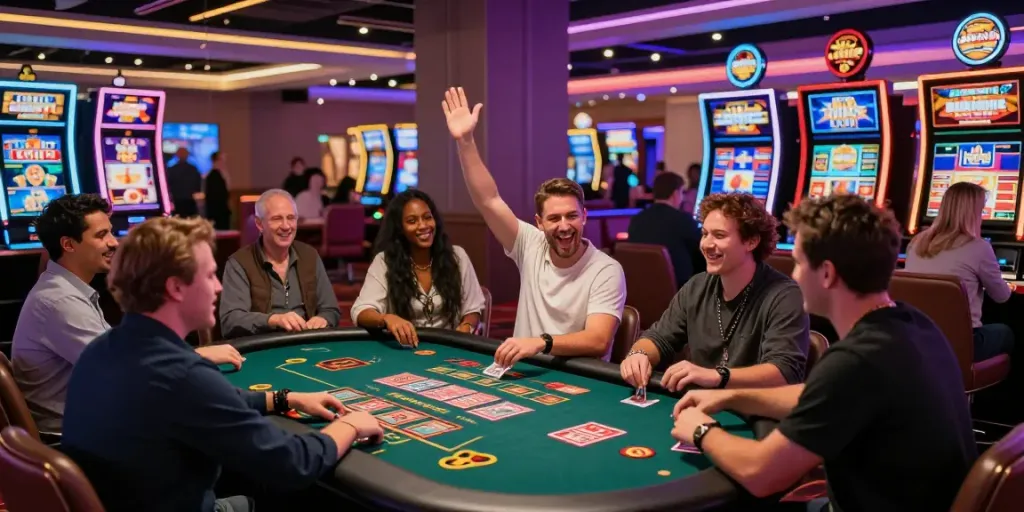 Dynamic gem88 casino scene showcasing players celebrating wins at various gaming tables.