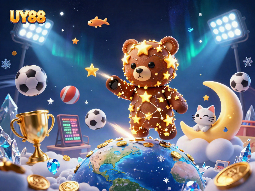 Bet on UY88 with a vibrant casino-themed 3D illustration showcasing lively characters and dynamic game elements.