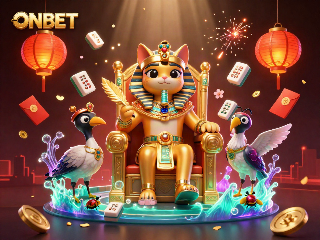 Enjoy thrilling casino action with ONBET featuring an Egyptian pharaoh cat and dynamic gaming elements.
