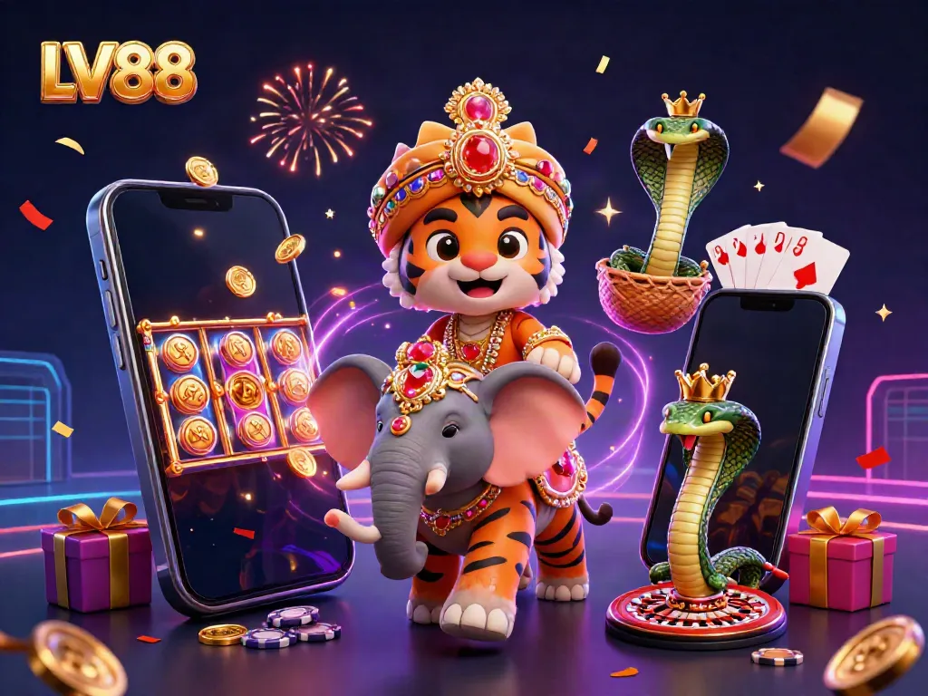 Experience the excitement of LV88 with a dynamic illustration featuring a tiger and elephant in a vibrant gaming scene.