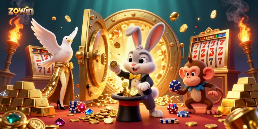 Experience the magical charm of zowin with a magician rabbit pulling coins in a vibrant casino scene.