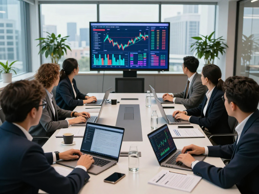 Professionals analyzing XPAY33 australia cryptocurrency trends in a modern conference room.
