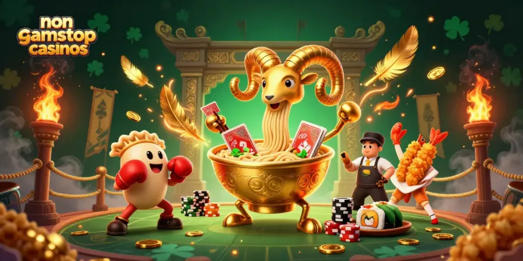 Exciting scene showcasing non gamstop casinos with a golden ramen bowl dealer, sushi roll, and cheering tempura shrimp.
