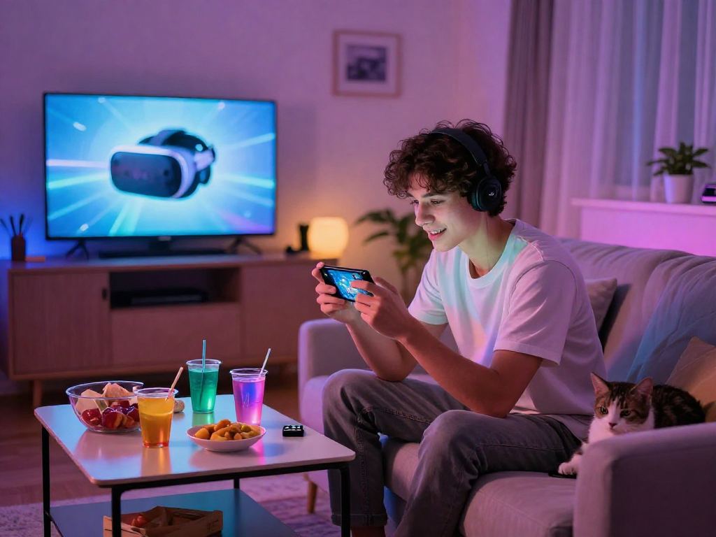 Engaging moment of a gamer enjoying mobile porn games, playful atmosphere with snacks and cozy surroundings.