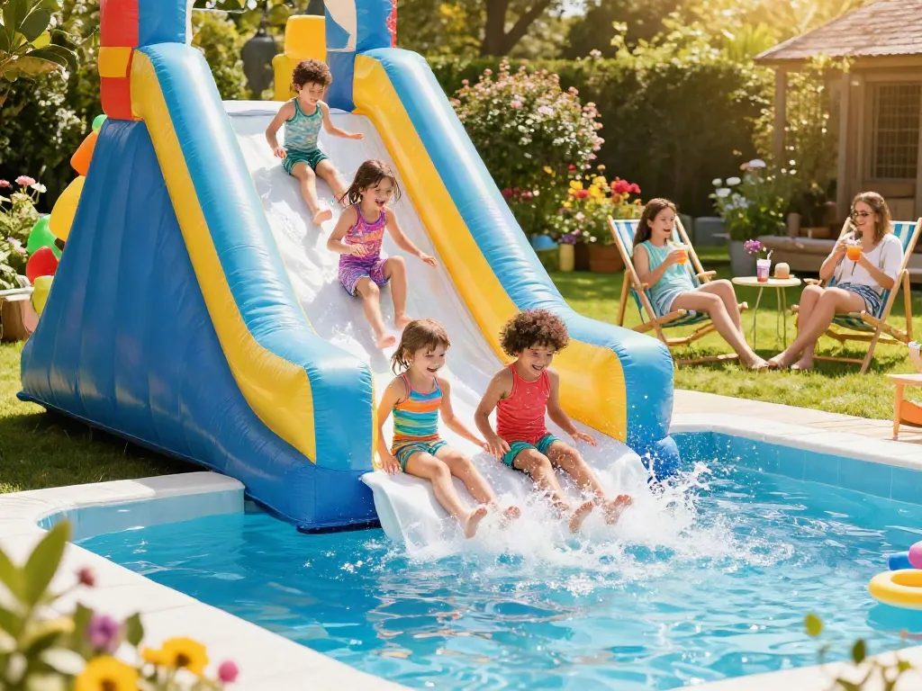 Children enjoying inflatable water slide on a sunny summer day.