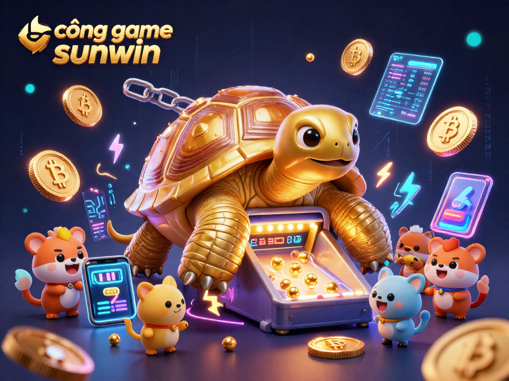 Experience lively gaming action at cổng game sunwin featuring a whimsical golden tortoise and energetic animals.
