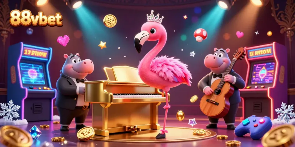 87vbet captures thrilling casino energy with a colorful animated scene featuring a flamingo and hippo musicians.