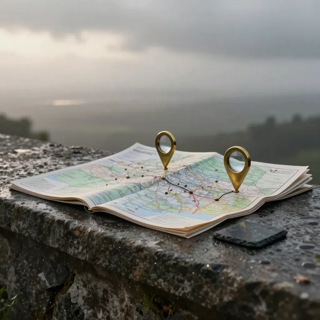 Folded county atlas, brass pins and slate paperweight on a wet stone ledge at dawn.