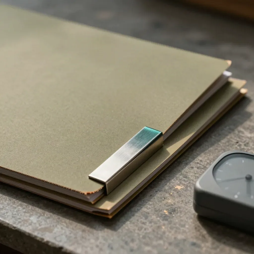 Blank report folders, steel clip and compact timer on stone under warm skimming light.