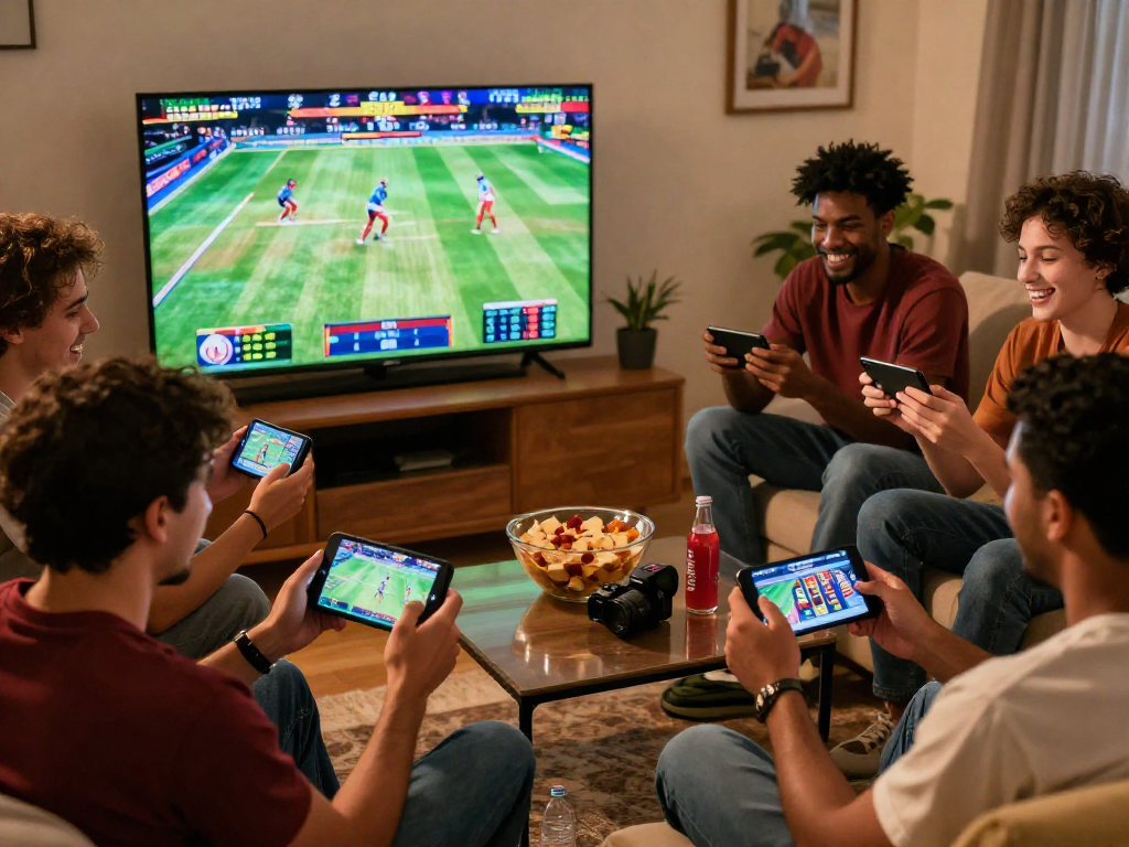 EK333 players enjoying online betting in an energetic living room with live sports on TV.