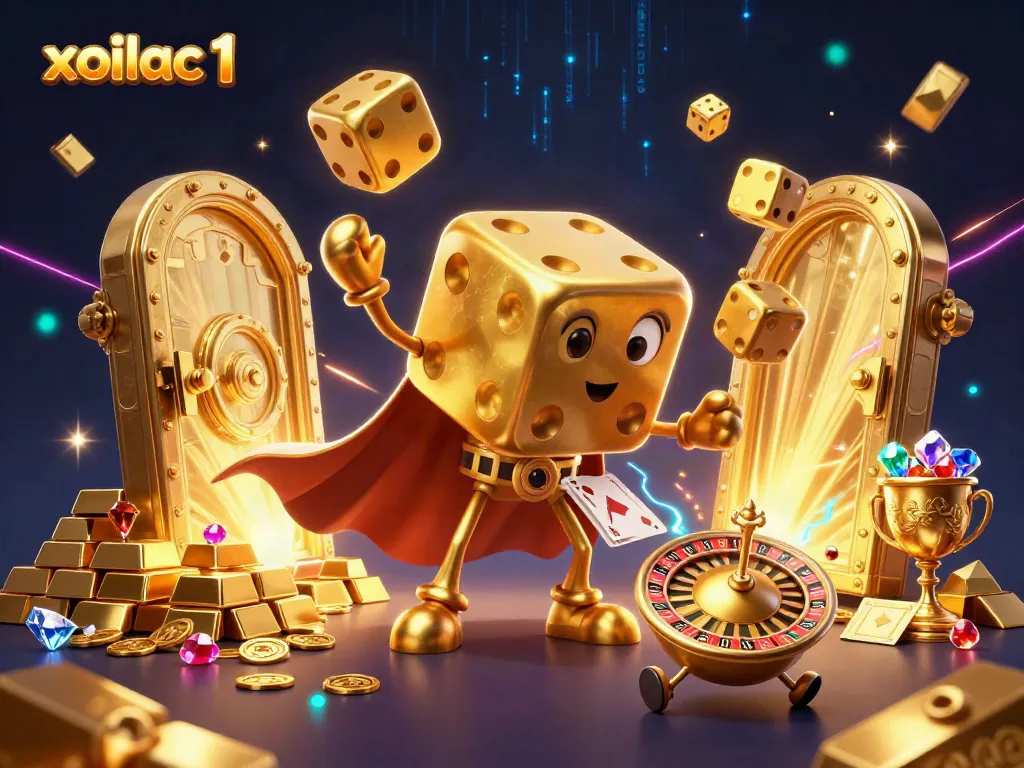 Engage with xoilac 1's dynamic casino adventure featuring golden dice, jewels, and a vibrant atmosphere.