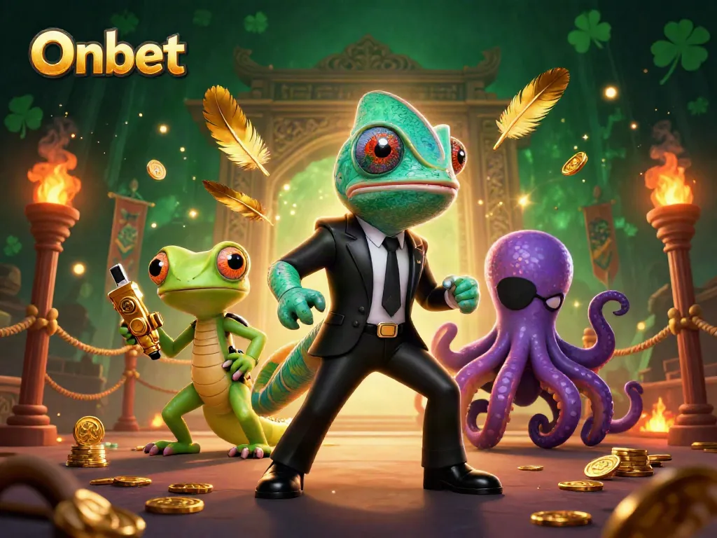 Engage in thrilling Onbet casino adventures with a 3D scene featuring a secret agent chameleon, gadget-gecko, and villainous octopus.