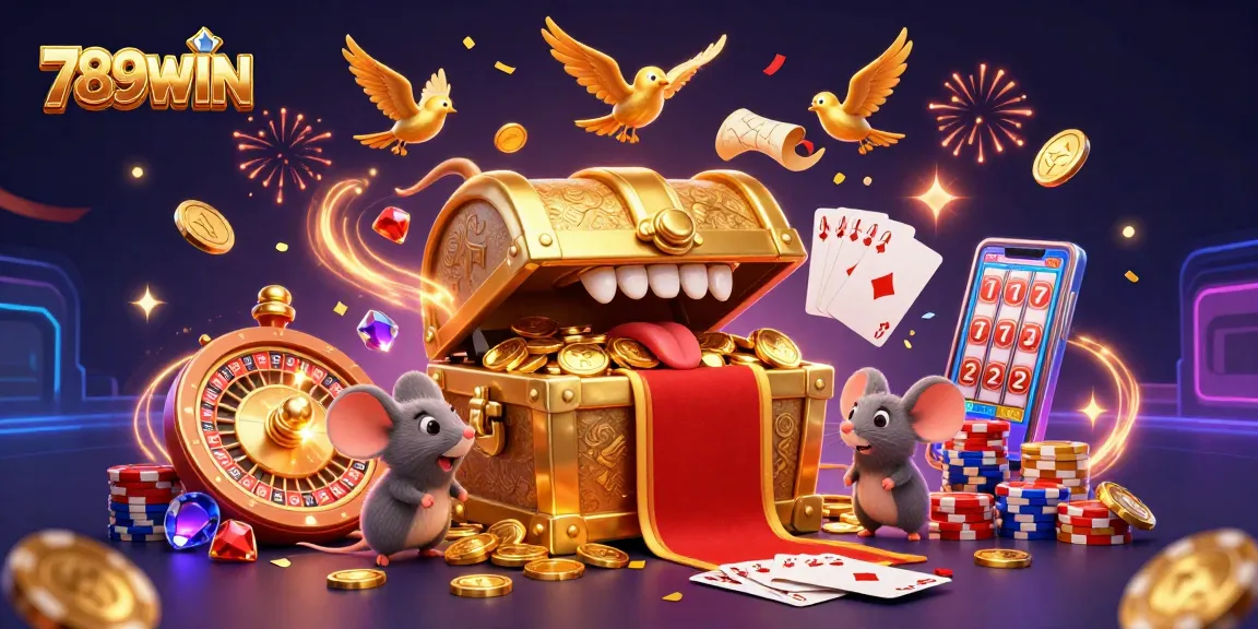 Engage with thrilling gaming scenes at 789WIN showcasing vibrant treasures and casino elements.