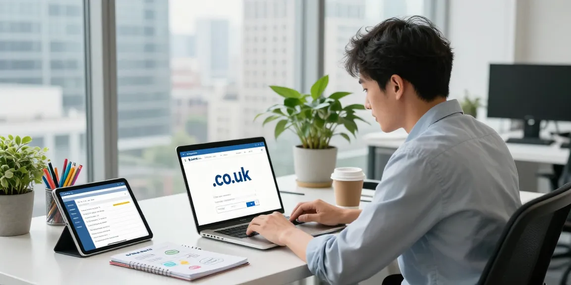 Searching to buy .co.uk domain in a modern office environment.