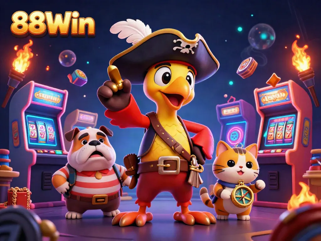 Join the fun with 88Win as a parrot captain leads a lively game scene filled with vibrant casino elements.