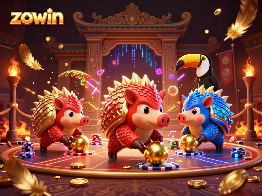 Experience the thrill of zowin as rival pangolins compete in a vibrant casino setting.