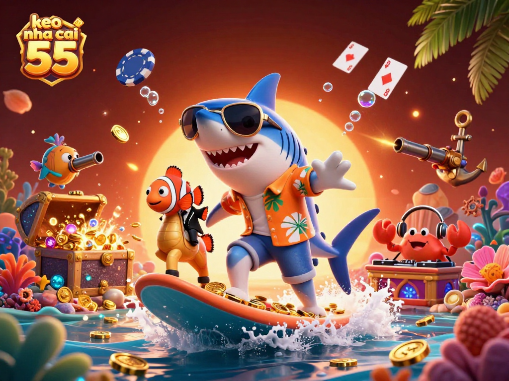 Surf the wave of gold coins with keo nha cai 55 and vibrant casino-themed characters in action.