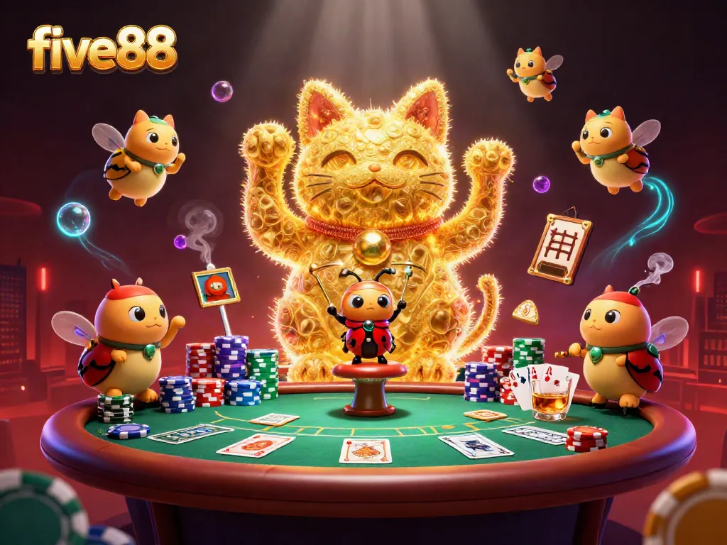 Experience five88's excitement with a vibrant casino scene showcasing a lucky cat and colorful poker elements.