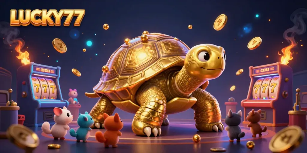 Engage in LUCKY77 slot gaming with a golden tortoise pinball machine and vibrant elements.