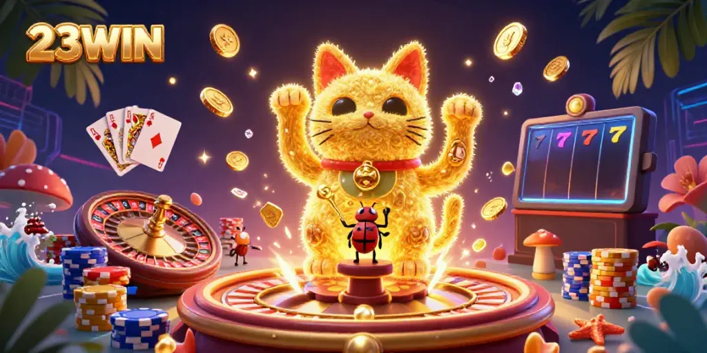 Engaging scene showcasing 23WIN’s vibrant casino experience with dynamic elements, and a lucky cat.