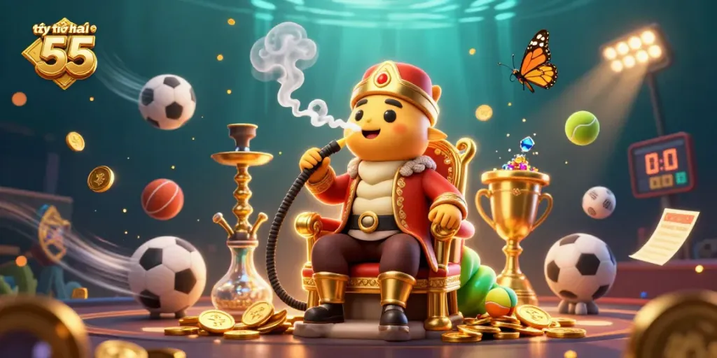 Experience thrilling betting with tỷ lệ kèo nhà cái 55 in a vibrant, 3D illustrated scene.