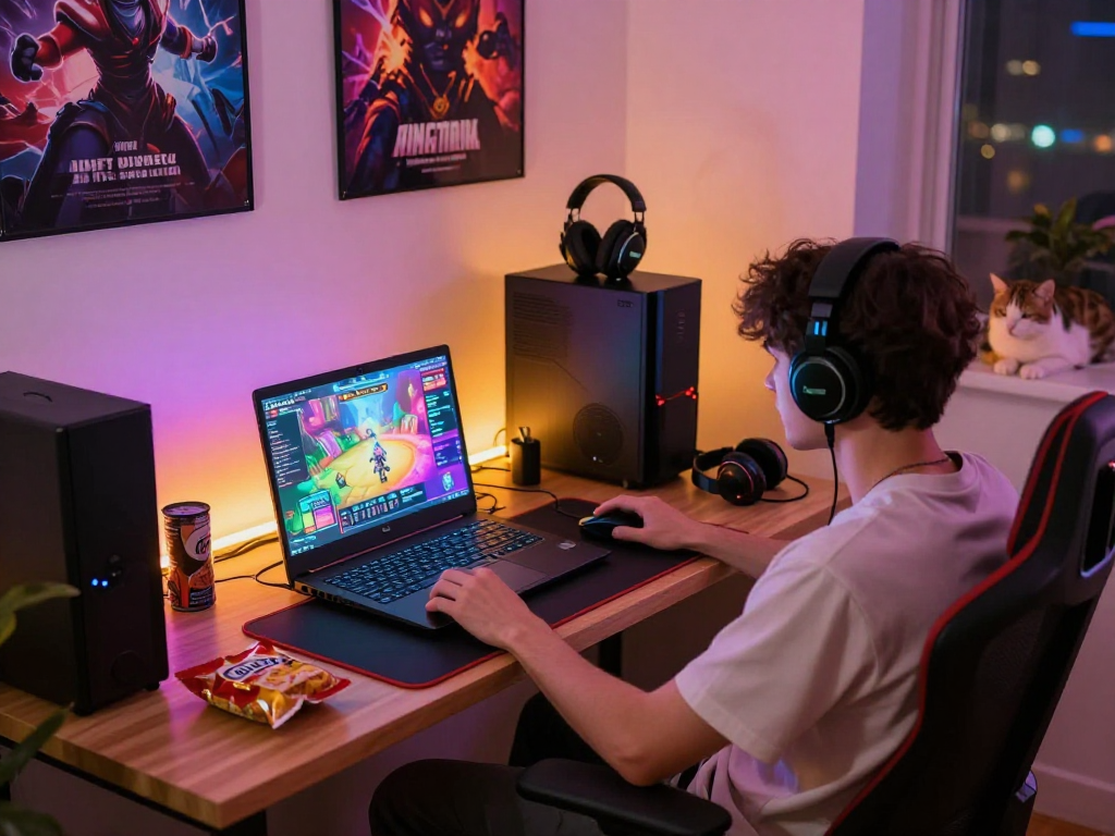 Engaging adult game session in a cozy gaming setup with colorful screens and accessories.
