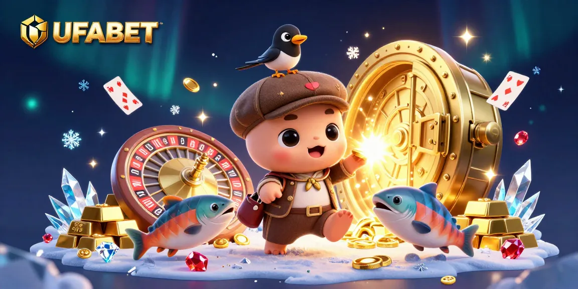 UFABET players enjoying dynamic casino activities with gems, cards, and gold treasures in vivid detail.