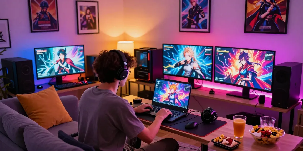 Player engaging with a hentai game in a cozy gaming setup with vibrant lights.