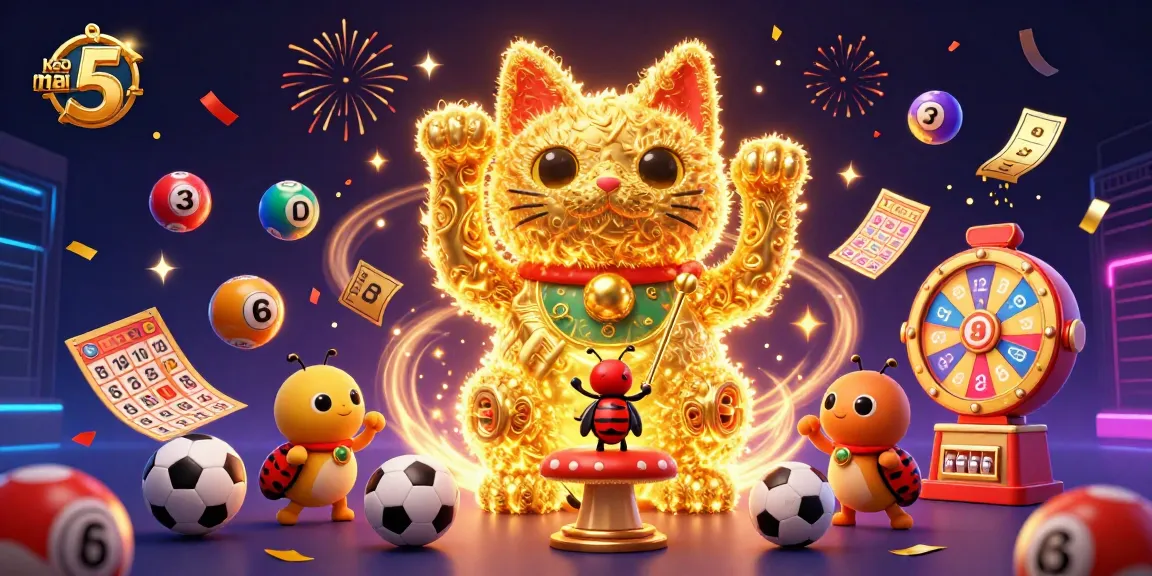 Engage with keo nha cai 5 in this vibrant sports betting illustration filled with dynamic elements and lucky symbols.