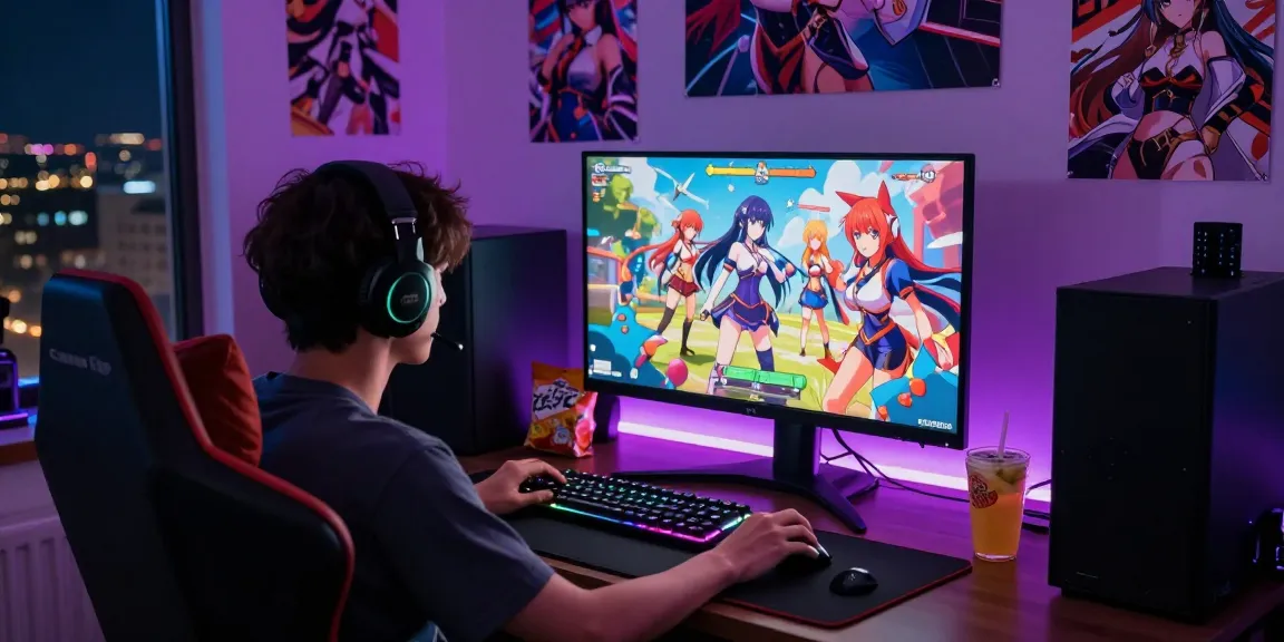 Experience the excitement of an ecchi game in a vibrant gaming setup with colorful characters on screen.