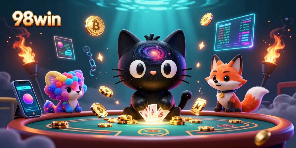 Engage with 98win's vibrant cosmic casino featuring a black hole cat and nebula fox.