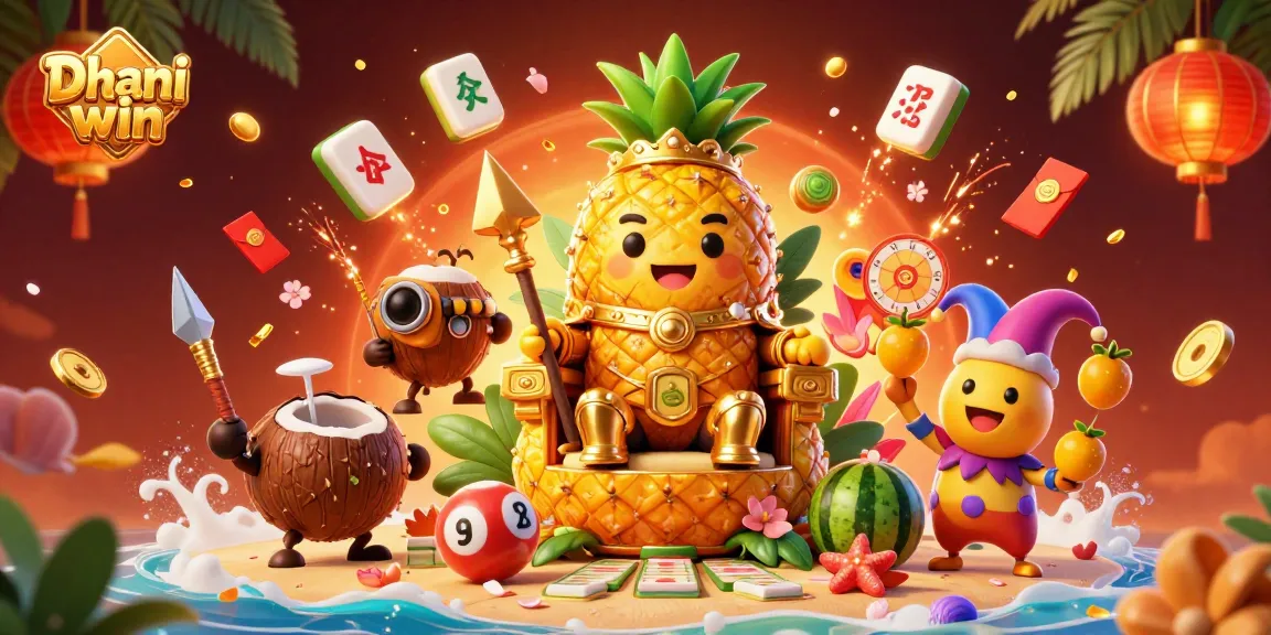 Dhani win's vibrant casino beach scene featuring a pineapple king, bodyguards, and games