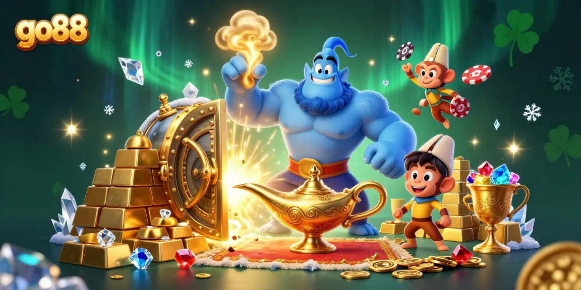 Experience the thrill of winning at go88 with a vibrant casino scene showcasing a magical genie, poker chips, and treasure.