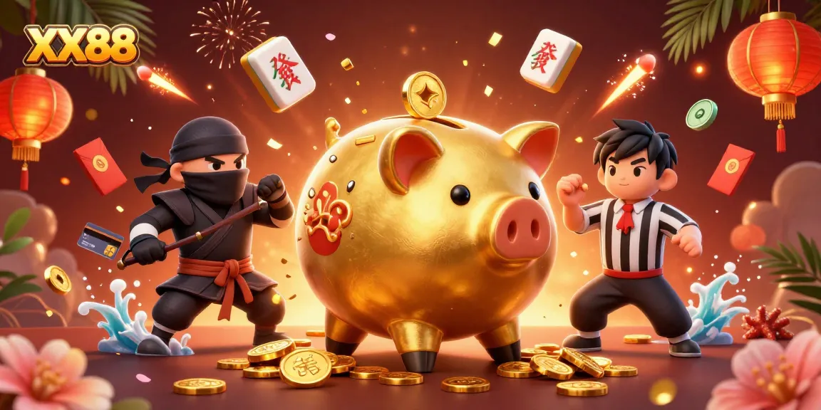 Engage with the thrilling gameplay of XX88, where a sumo wrestler piggy bank stomps for coins amidst festive casino elements.