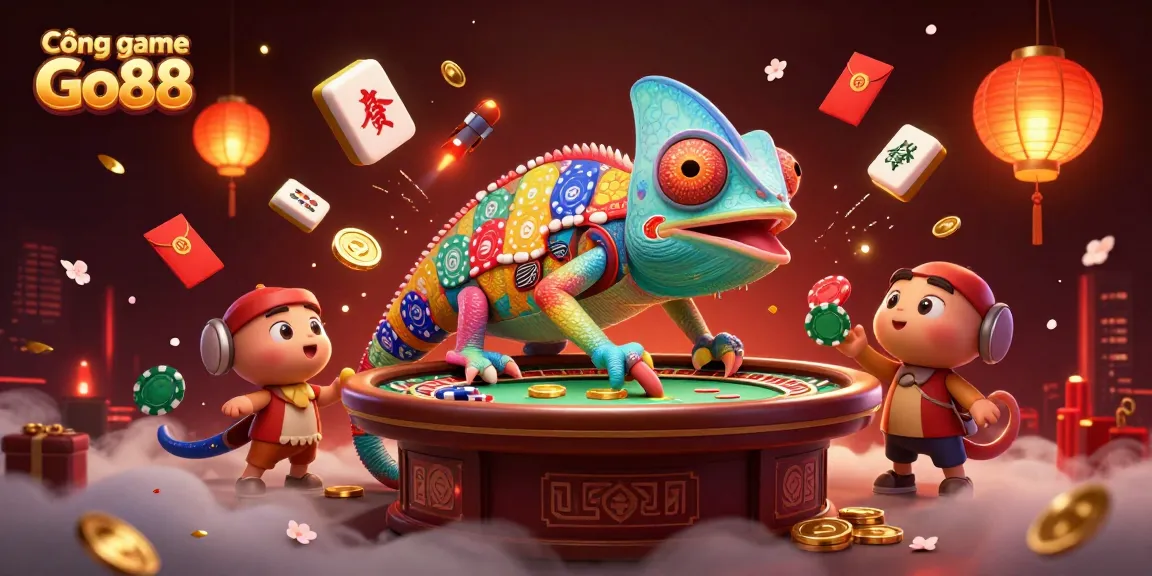 Engage in thrilling games at Cổng game Go88 with vibrant elements, chameleon casino owner, and festive decorations.
