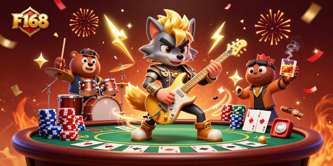 Experience F168's thrilling gaming scene with a rock star wolf and drummer bear bringing casino excitement alive.