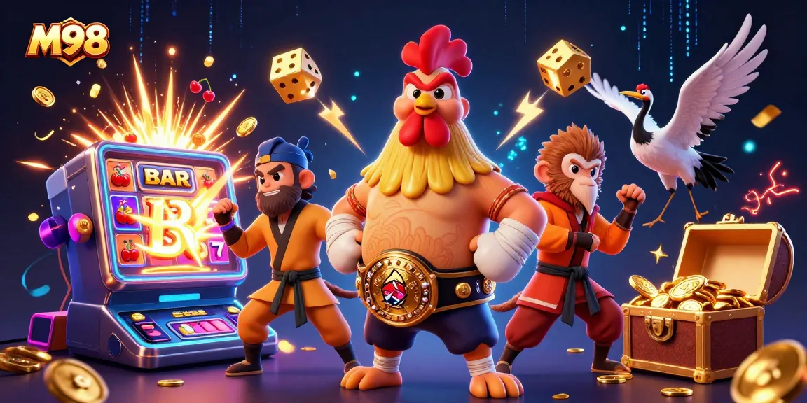 M98 slot machine explosion with Muay Thai rooster, Shaolin monkey, and crane master in vibrant casino scene