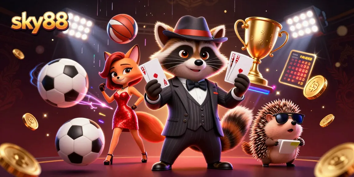 Betting with sky88: A raccoon in a suit flaunts a royal flush while dynamic sports elements surround him.