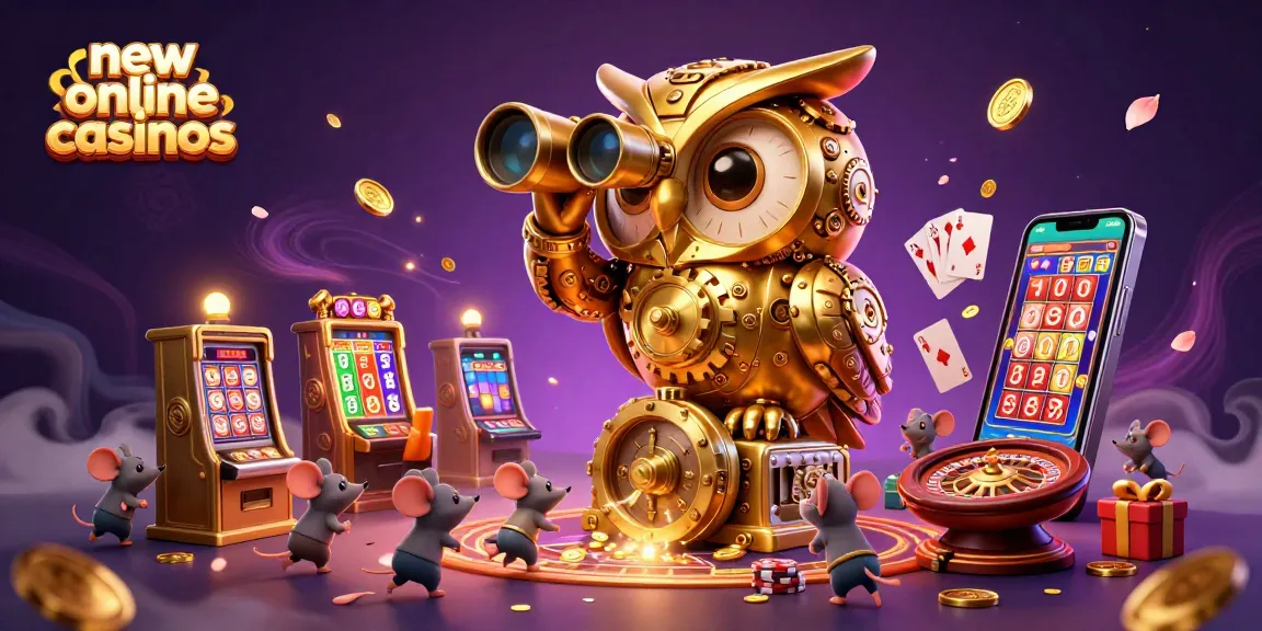 Engage in thrilling adventures at new online casinos featuring an animated scene of a golden owl overlooking a vibrant casino floor.