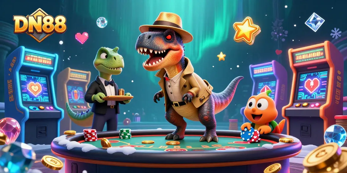 Experience thrilling gameplay with DN88 casino, featuring a sly velociraptor at a blackjack table.